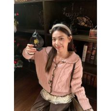 批发【绵羊绒三根】粉色麻花针织毛衣开衫女秋冬巨好看<b class='q'>甜美</b>外套