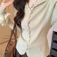 批发法式温柔风木耳边翻领纽扣长袖针织衫上衣女<b class='q'>秋</b>冬显瘦修身内搭毛衣