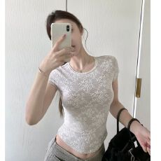辣妹韩系蕾丝纯色短袖T恤新款设计感时尚百搭修身上衣