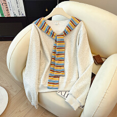 实拍特价长袖t恤卫衣女早春新款潮条纹披肩假两件宽松V领韩版上衣