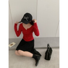 批发实拍【莫代尔人棉260克】纯欲纽扣半开领<b class='q'>长袖</b><b class='q'>t</b><b class='q'>恤</b>女秋修身打