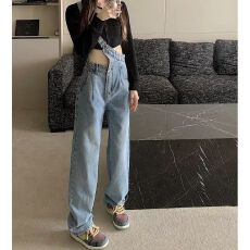批发不规则单肩背带长裤春秋季直筒<b class='q'>牛仔</b>裤女港味阔腿裤子大码高街