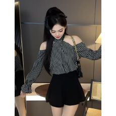 批发韩系纯欲风套装女2026春季新款高级露肩长袖格子衬衫半身裙<b class='q'>两件套</b>