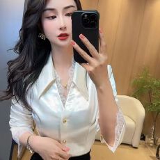 批发纯欲风气质加绒v领蕾丝拼接<b class='q'>长袖</b><b class='q'>衬衫</b>2026春款新款高级感修身内搭