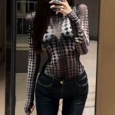 批发热感波点纹身衣/弹力网纱<b class='q'>印花</b>打底衫女<b class='q'>T</b><b class='q'>恤</b>修身显瘦长袖上衣
