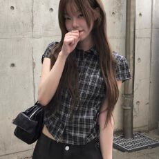 批发韩系街头甜酷风夏季抽绳显瘦格子短袖<b class='q'>衬衫</b>新款休闲百搭学院风<b class='q'>衬衣</b>