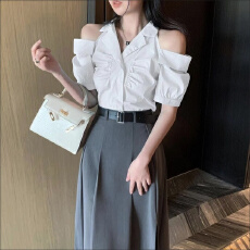 批发别致衬衫新款<b class='q'>夏季</b>露肩设计感小众衬衣甜美西装领短袖短款上衣