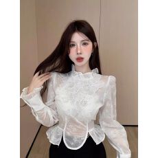 批发衬衫女韩系纯欲风立体蕾丝花朵拼接立领长袖衬衣<b class='q'>秋</b>季新款短款上衣