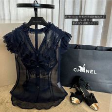 批发世家香赫本 法式V领雪纺衬衫夏荷叶木耳边无袖上衣女