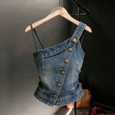 批发不对称设计牛仔吊带衫修身新款辣妹无袖气质背心小个子收腰上衣