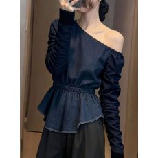 不过时的穿搭绝美气质百搭高级感轻奢减龄洋气蓝色牛仔斜肩上衣女