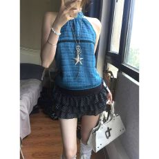 批发波点辣妹挂脖背心女夏季蕾丝拼接两侧可调节无袖吊带修身显瘦上衣