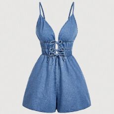 批发外贸原单<b class='q'>欧美风</b>牛仔背带短裤束腰显瘦系带百搭蓬松吊带连体裤子潮