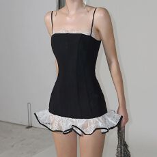 批发法式芭蕾风拼接荷叶边吊带连衣裙女高级感优雅<b class='q'>礼服</b>短裙夏