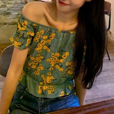 批发夏装韩版网红印花显瘦一字领短袖<b class='q'>衬衫</b><b class='q'>百搭</b>修身短款<b class='q'>衬衣</b>女上衣