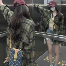 批发美式复古绿色<b class='q'>长袖</b>格子<b class='q'>衬衫</b>女休闲<b class='q'>衬衣</b>2026春秋新款外套