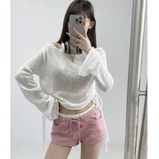 批发新款薄款一字肩<b class='q'>针织衫</b>辣妹宽松短款抽绳绑带喇叭<b class='q'>长袖</b>上衣防晒罩衫