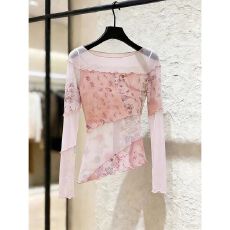 批发法式高级感气质拼接碎花不规则网纱<b class='q'>长袖</b><b class='q'>T</b><b class='q'>恤</b>女2026春季新款上衣ins