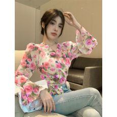 批发春季气质高级感淑女设计款交叉V领绑带薄款法式<b class='q'>喇叭袖</b>花色上衣