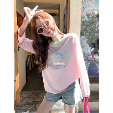 批发官图特价165克雪花棉防晒衣长袖<b class='q'>t</b><b class='q'>恤</b>女装夏季新款薄款撞色圆领上衣