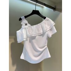 批发斜领荷叶边短袖T恤女夏季设计感修身欧货钉珠上衣洋气短袖小衫<b class='q'>潮</b>