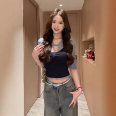 批发韩系吊带背心碎花<b class='q'>网纱</b>短袖T恤套装女夏季辣妹气质修身穿搭一整套