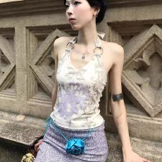 批发美式辣妹花卉植物扣环挂脖背心女外穿夏季收腰修身显瘦无袖上衣<b class='q'>潮</b>
