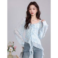 批发甜美法式蓝色<b class='q'>波点</b><b class='q'>衬衫</b>女2026春新款设计感方领优雅荷叶边小衫上衣