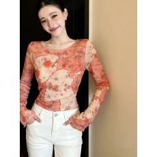 批发网纱晕染空调罩衫复古碎花<b class='q'>长袖</b><b class='q'>T</b><b class='q'>恤</b>女设计感短款上衣橘色显白百搭