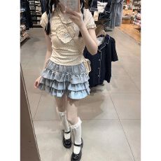 批发夏甜美两件套装木耳边碎花爱心短袖T恤抽绳上衣+a字蛋糕半身短裙