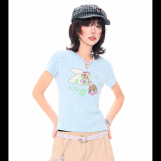 批发 整件印 40支纯棉螺纹弹力修身短款小V领短袖t恤