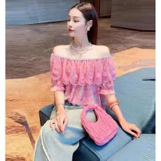批发时尚勾花钉珠荷叶边雪纺衬衫女短袖2025<b class='q'>夏</b>季宽松设计感一字肩上衣