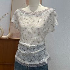 批发夏季小众法式浪漫显瘦优雅蕾丝短袖<b class='q'>一字肩</b>外穿遮肉T恤小衫多巴胺