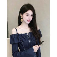 批发洋气时尚一字肩拉链蓝色<b class='q'>衬衫</b><b class='q'>女</b>2026春季新款设计感上衣