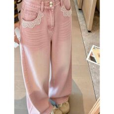 批发2026春季新款直韩版筒粉色蕾丝拼接阔腿牛仔裤女百搭高腰宽松<b class='q'>长裤</b>