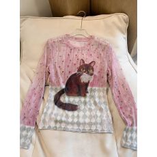 批发网纱薄款小猫印花长袖防晒罩衫女高级感时尚减龄打底上衣圆领百搭