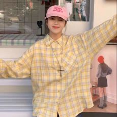 批发美式复古格子衬衫女外套春季宽松长袖翻领慵懒风黄色外搭衬衣上衣
