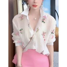 批发法式白色碎花<b class='q'>长袖</b><b class='q'>衬衫</b>女士2026春季新款好看漂亮薄款开衫防晒上衣