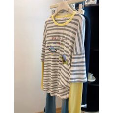 批发原版面料特<b class='q'>大码</b>300斤蓝色条纹减龄拼接假两件长袖T恤女夏