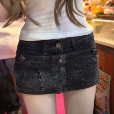 批发美式复古磨破烫钻低腰<b class='q'>牛仔</b>短裙女夏季y2k辣妹设计感包臀裙