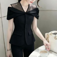 批发黑色上衣女2026夏款淡人高知欧货轻奢高端设计感网纱拼接掐腰<b class='q'>衬衫</b>