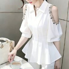 批发法式小资白色露肩衬衫女2026夏季轻奢高级感独特漂亮百搭掐腰上衣