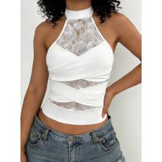 批发辣妹性感交叉蕾丝拼接透视高领无袖<b class='q'>背心</b>夏季新款纯色修身露背上衣