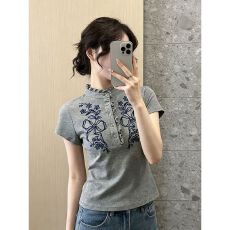批发夏季新款美式复古灰色刺绣<b class='q'>立领</b>T恤女修身显瘦百搭木耳边