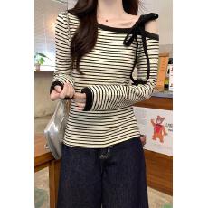 批发实拍260克条纹<b class='q'>长袖</b>t恤女装2026新款露肩设计感修身<b class='q'>打底衫</b>斜领上衣