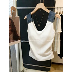 批发自留款推荐~美拉德<b class='q'>牛仔</b>拼接带胸垫吊带女夏季新款设计感美