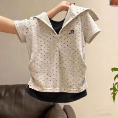 批发夏季百搭拼接假两件海军领短袖T恤女春秋修身收褶内搭打底衫外穿