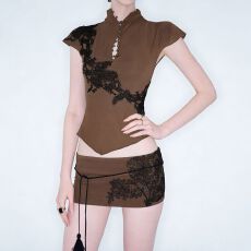批发中式复古蕾丝立领短袖上衣半裙两件套辣妹低腰系带包臀短裙套装