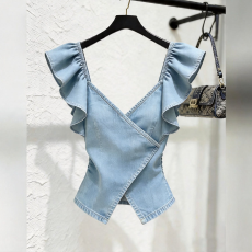 批发韩版不规则荷叶袖<b class='q'>牛仔</b>上衣女夏季新款设计感时尚绝美外穿无袖<b class='q'>背心</b>