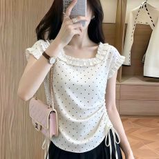 设计感夏季波点双抽绳洋气白色短袖T恤修身显瘦短款百搭上衣女装